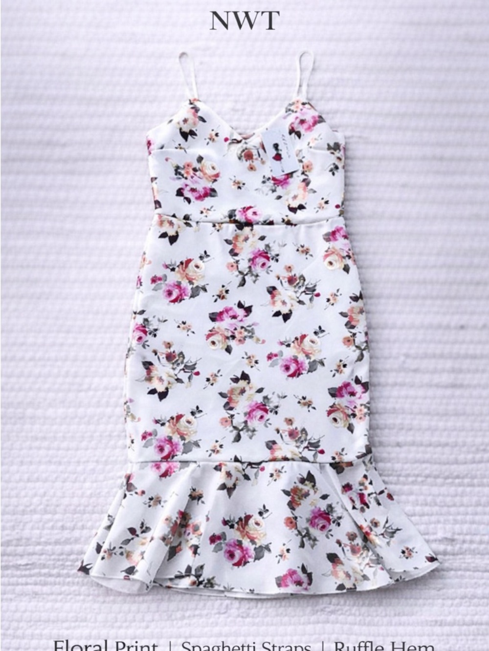 Floral Ruffle Hem Midi Dress White Pink Spaghetti Strap NWT